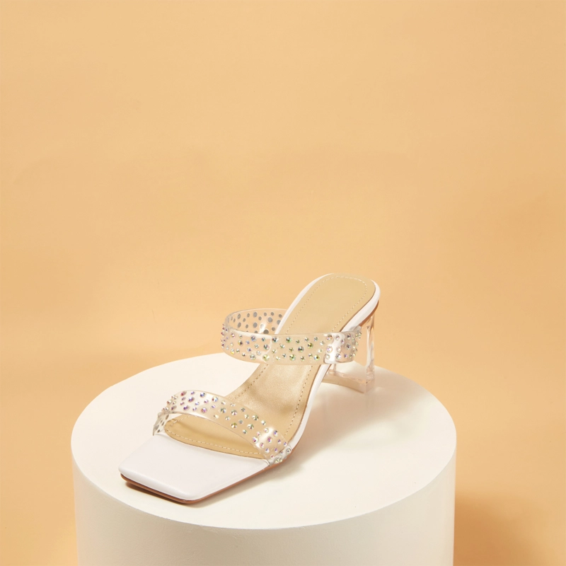 Women's Rhinestones Embellished Clear Mule Chunky Heel Sandals