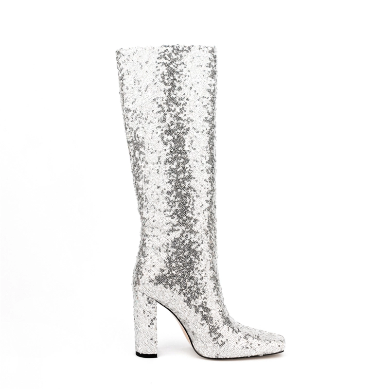 Women's Silver Sequin Square Toe Chunky Heels Wide Calf Long Boots 12 Women's Silver Sequin Square Toe Chunky Heels Wide Calf Long Boots - Image 10