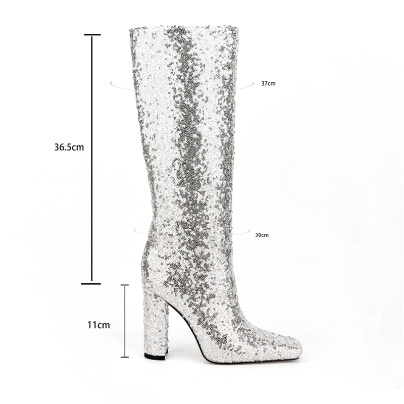 Women's Silver Sequin Square Toe Chunky Heels Wide Calf Long Boots 8 Women's Silver Sequin Square Toe Chunky Heels Wide Calf Long Boots - Image 6