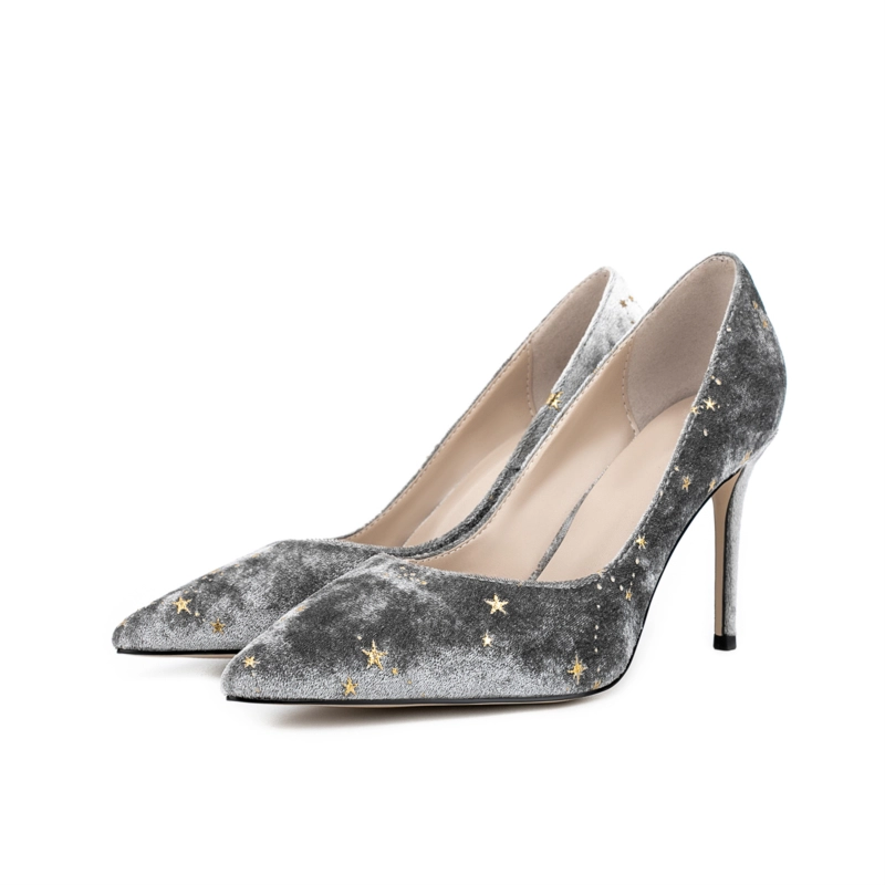 Women's Velvet Starry Stiletto Heel Pumps Pointed Toe 4 Women's Velvet Starry Stiletto Heel Pumps Pointed Toe - Image 2