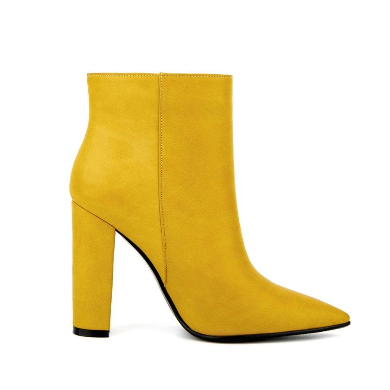 Women's Yellow Pointed Toe Chunky Heel Ankle Booties - Image 7