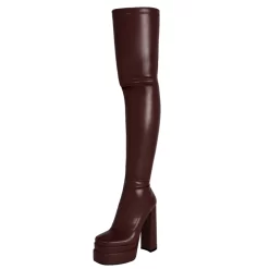 Elastic Vegan Leather Square Toe Chunky Heel Platform Thigh High Boots