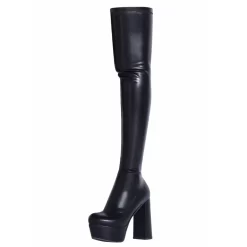 Fashion Nude Vegan Leather Elastic Chunky Heel Platform Thigh High Boots