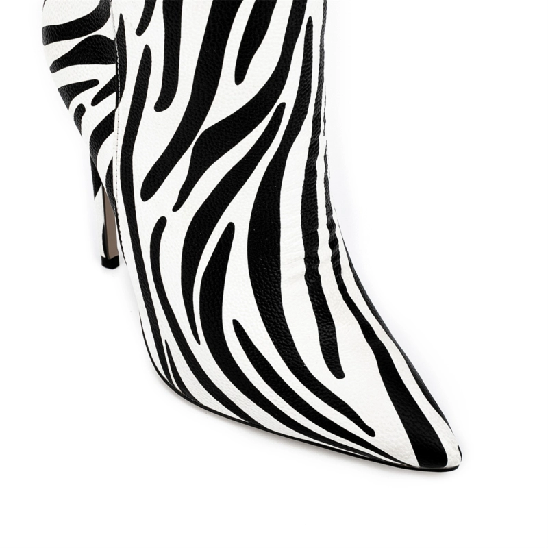 Zebra-stripe Printed Pointed Toe Stiletto Heels Knee High Boots - Image 3