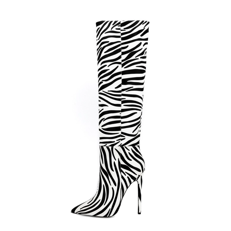 Zebra-stripe Printed Pointed Toe Stiletto Heels Knee High Boots - Image 2