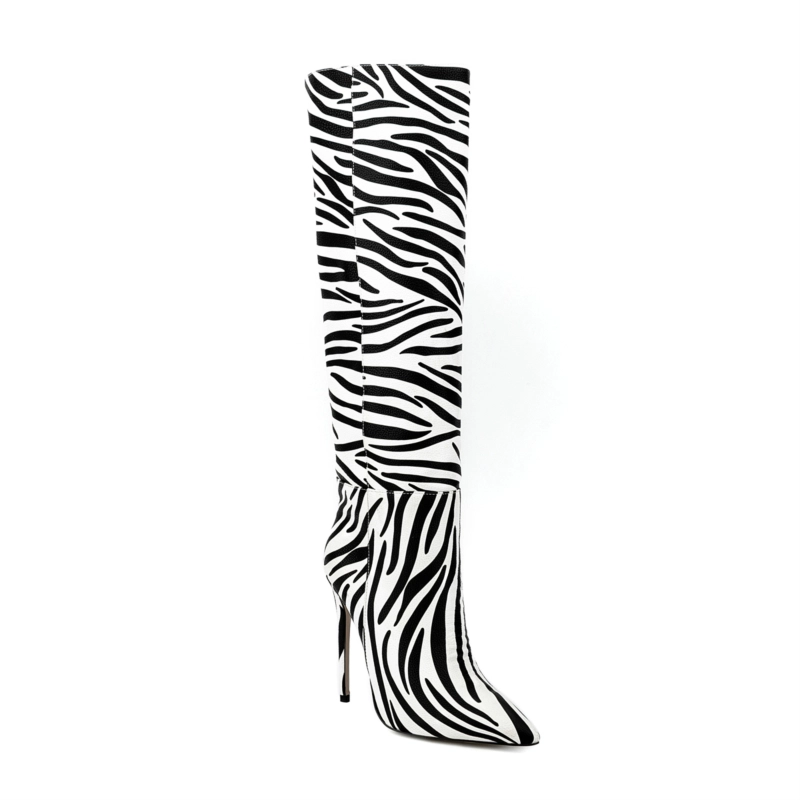 Zebra-stripe Printed Pointed Toe Stiletto Heels Knee High Boots - Image 5