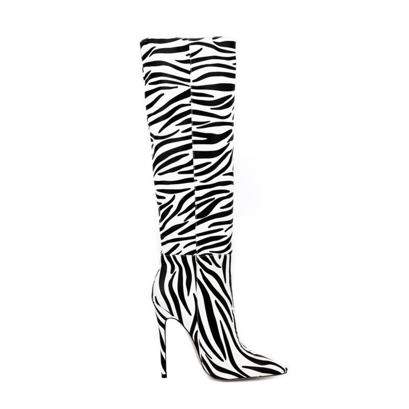 Zebra-stripe Printed Pointed Toe Stiletto Heels Knee High Boots - Image 7