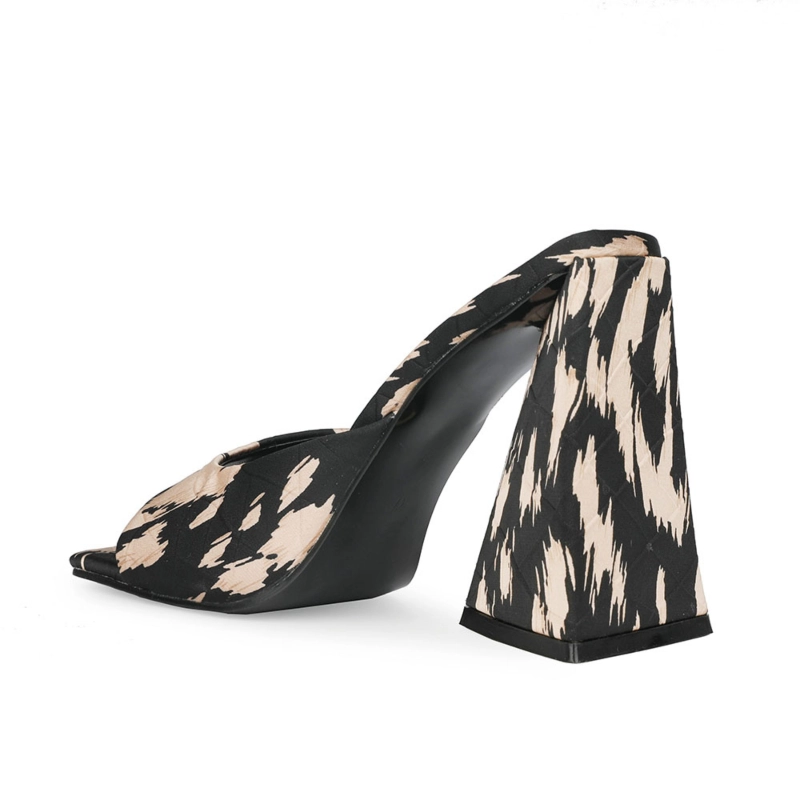 Zebra Print Heeled Slide Sandals Square Toe Satin Quilted Mules - Image 4