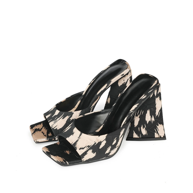 Zebra Print Heeled Slide Sandals Square Toe Satin Quilted Mules - Image 6