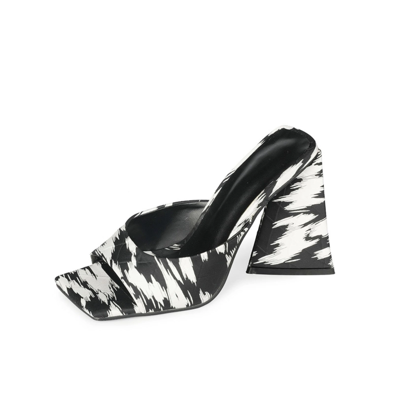 Zebra Print Heeled Slide Sandals Square Toe Satin Quilted Mules - Image 10