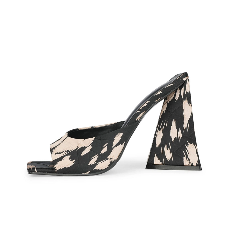 Zebra Print Heeled Slide Sandals Square Toe Satin Quilted Mules - Image 3