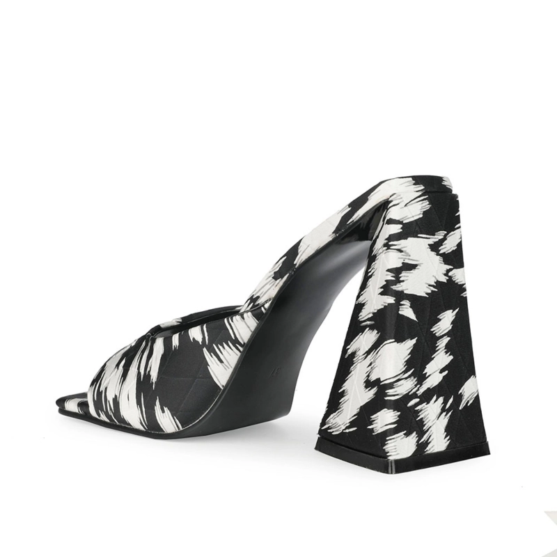 Zebra Print Heeled Slide Sandals Square Toe Satin Quilted Mules - Image 13